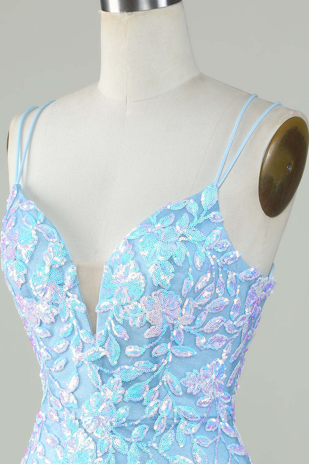 Light Blue Sparkly Lace-Up Back Homecoming Dress