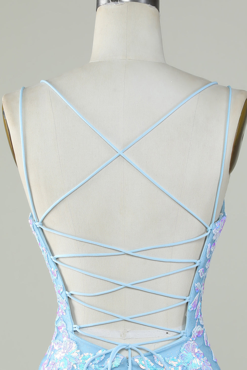 Light Blue Sparkly Lace-Up Back Homecoming Dress