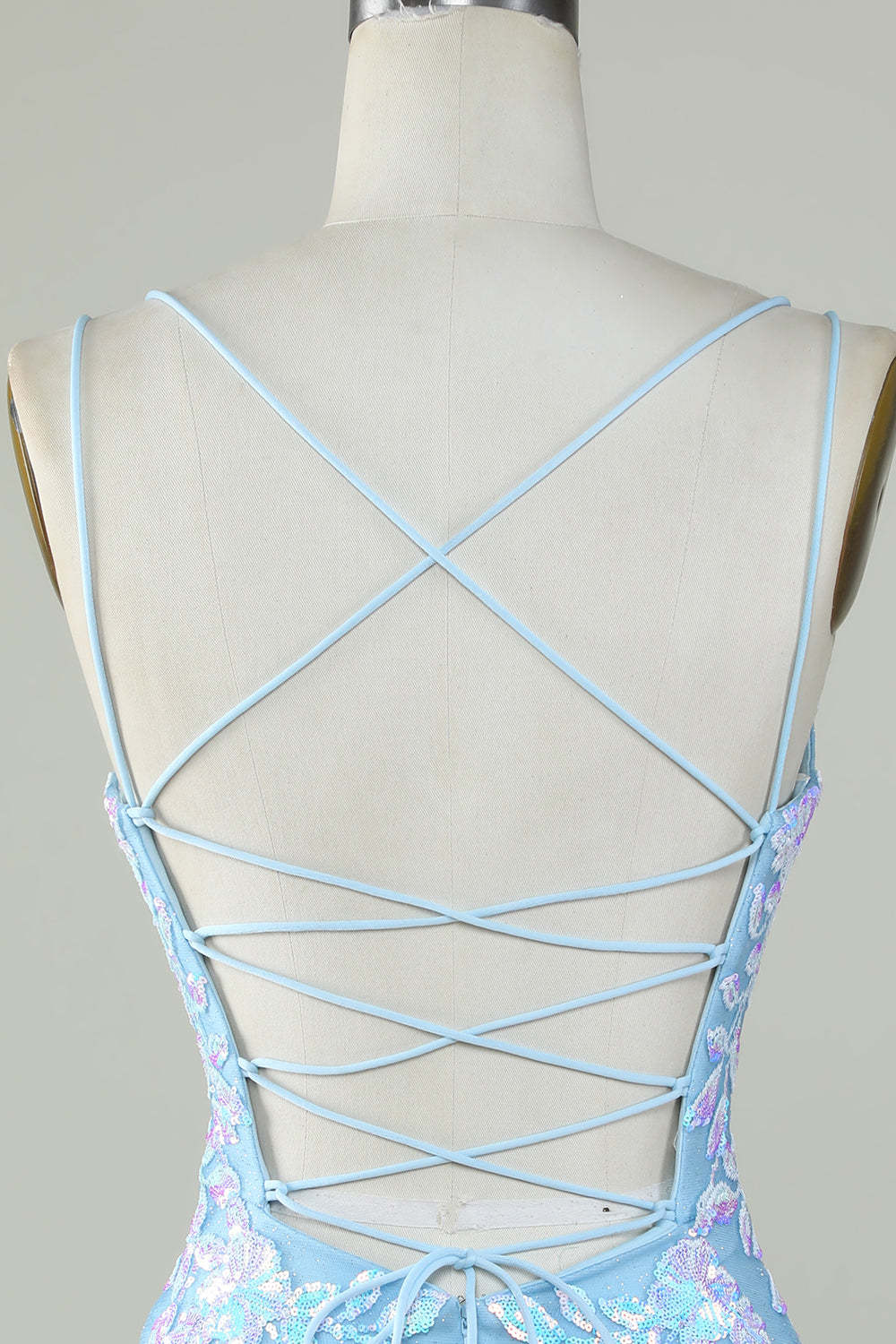 Light Blue Sparkly Lace-Up Back Homecoming Dress