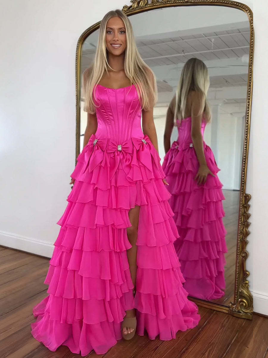Hot Pink Princess Strapless Tiered A-Line Long Prom Dress with Slit
