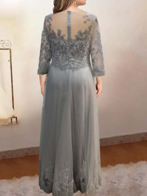 Floor-Length A-Line Mother of the Bride Dress with Sheer Neck and 3/4 Sleeves Featuring Applique-27prom