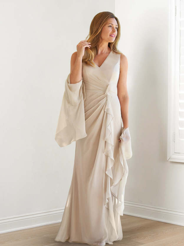 V-Neck Sleeveless Floor-Length Mother of the Bride Gown with Wraps & Ruffles-27prom