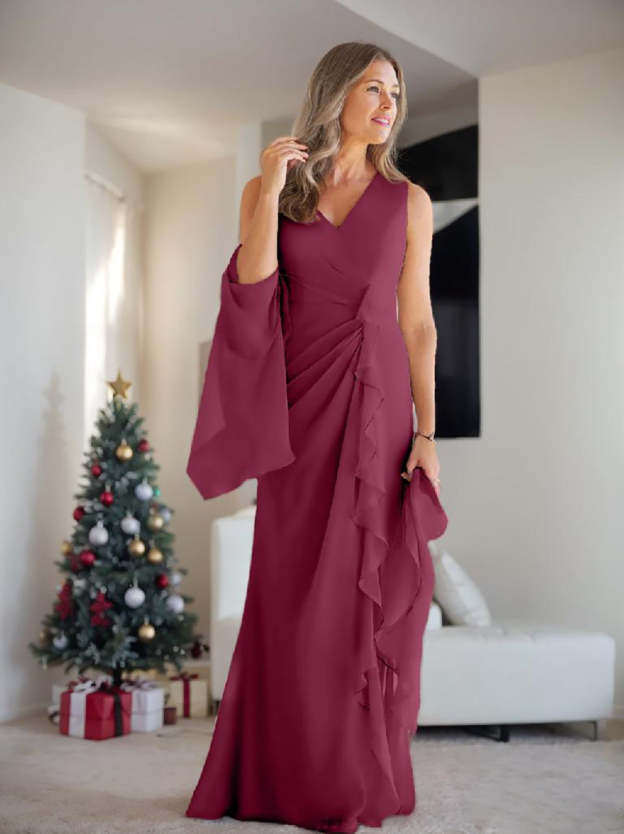 V-Neck Sleeveless Floor-Length Mother of the Bride Gown with Wraps & Ruffles-27prom