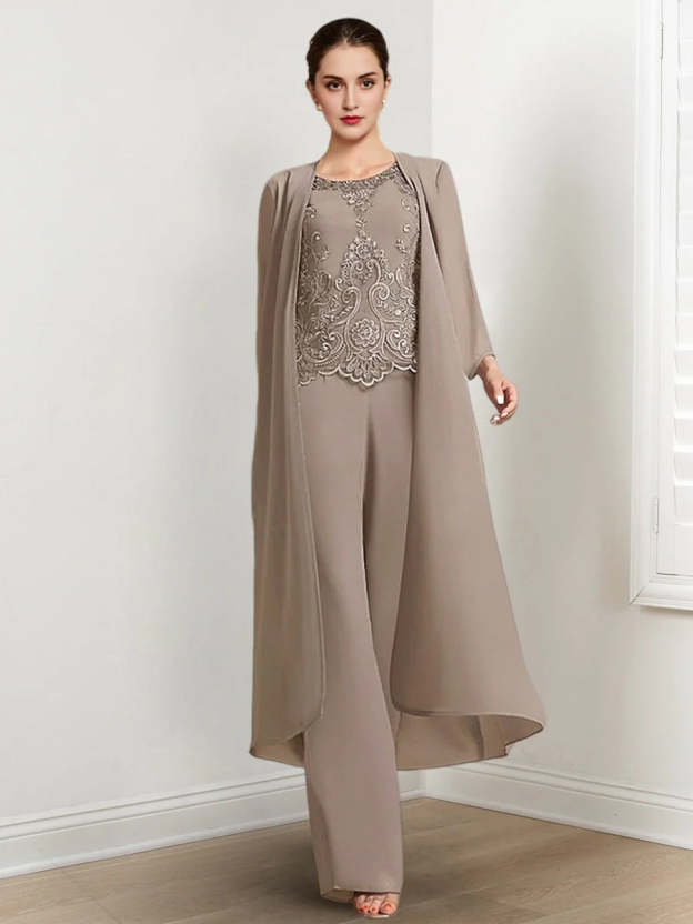 Floor-Length Round Neck Chiffon Pantsuits For The Mother Of The Bride With Jacket And Applique-27prom