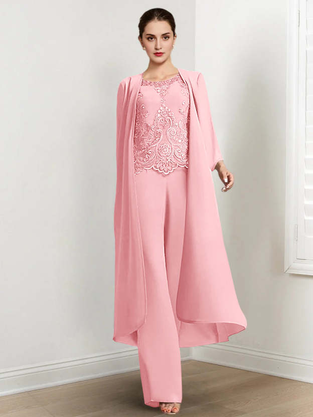 Floor-Length Round Neck Chiffon Pantsuits For The Mother Of The Bride With Jacket And Applique-27prom