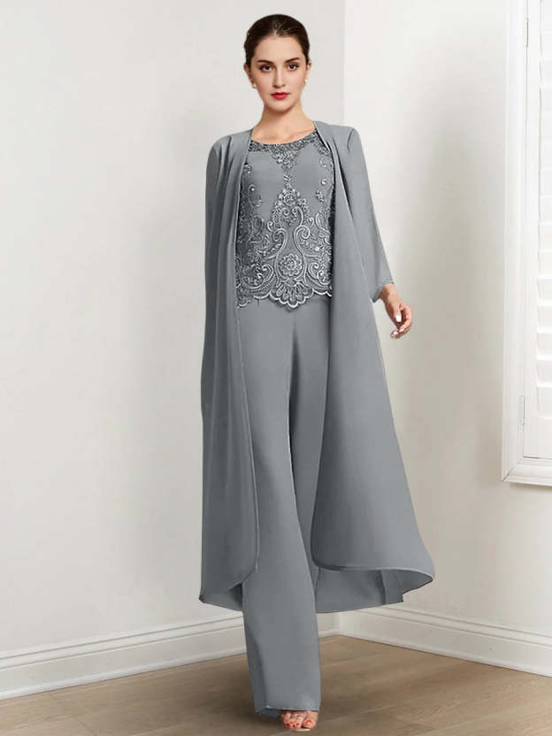 Floor-Length Round Neck Chiffon Pantsuits For The Mother Of The Bride With Jacket And Applique-27prom