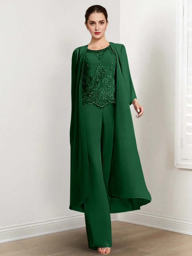 Floor-Length Round Neck Chiffon Pantsuits For The Mother Of The Bride With Jacket And Applique-27prom