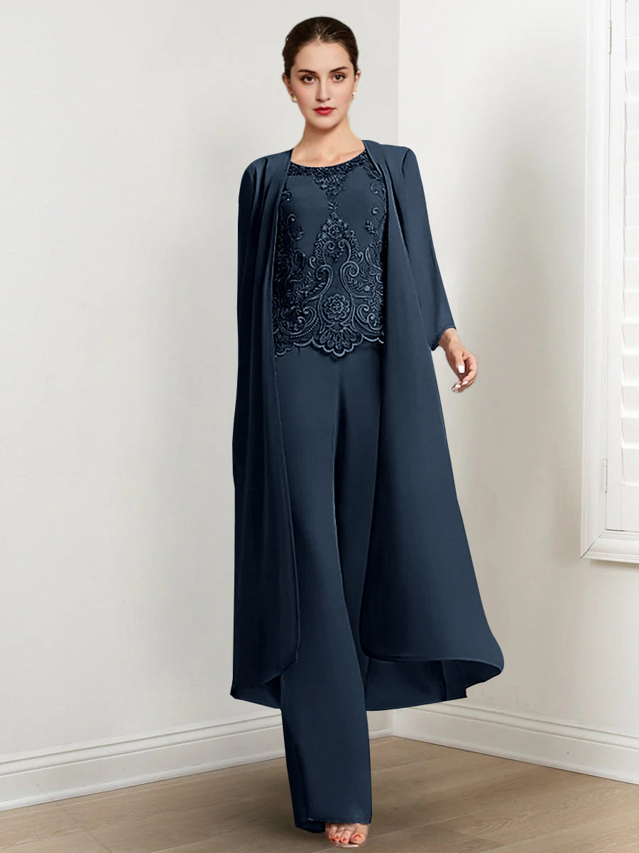 Floor-Length Round Neck Chiffon Pantsuits For The Mother Of The Bride With Jacket And Applique-27prom