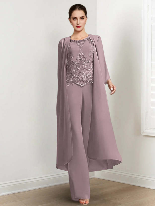 Floor-Length Round Neck Chiffon Pantsuits For The Mother Of The Bride With Jacket And Applique-27prom