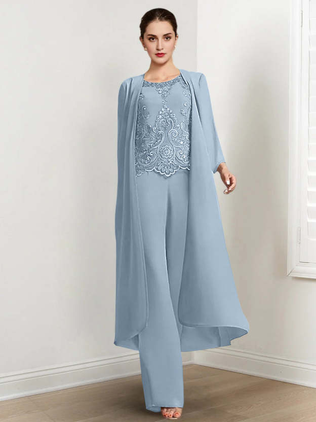 Floor-Length Round Neck Chiffon Pantsuits For The Mother Of The Bride With Jacket And Applique-27prom