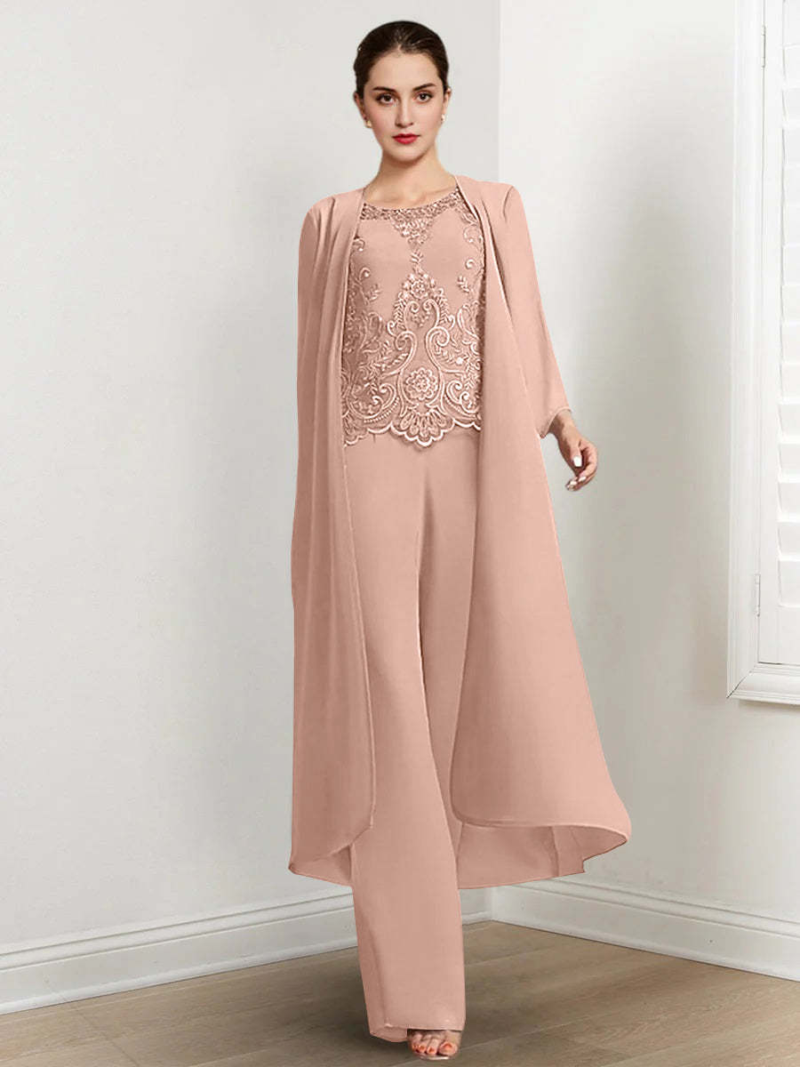 Floor-Length Round Neck Chiffon Pantsuits For The Mother Of The Bride With Jacket And Applique-27prom