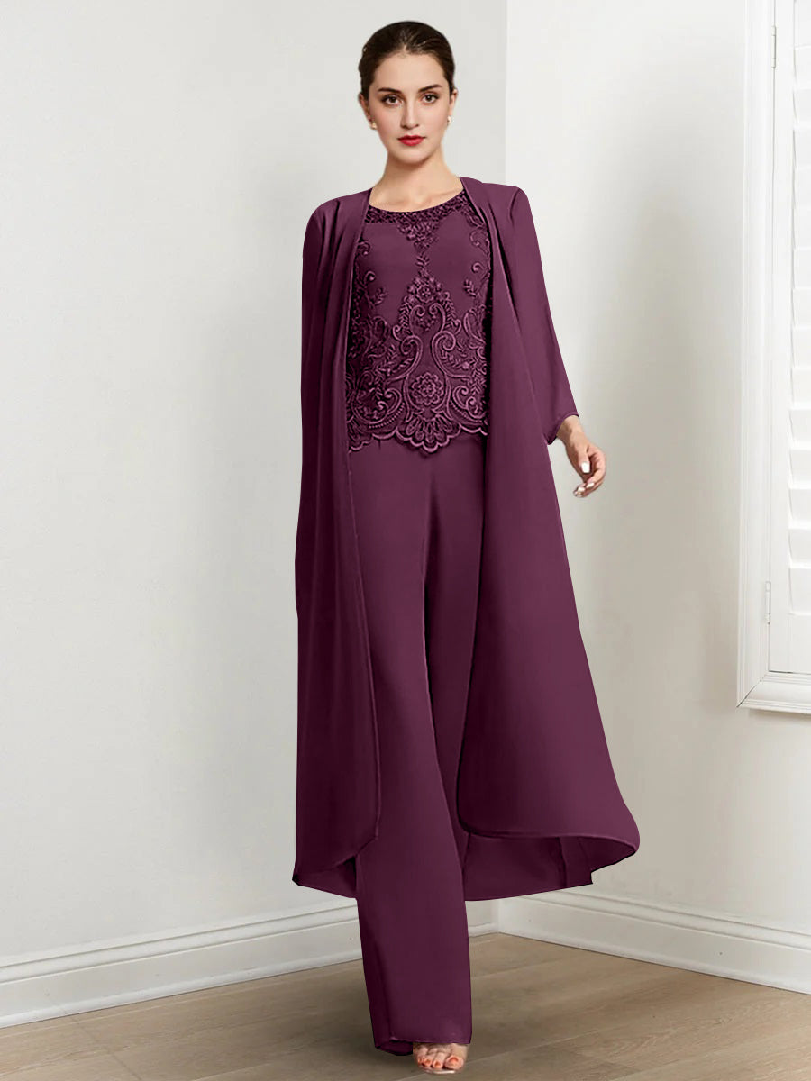 Floor-Length Round Neck Chiffon Pantsuits For The Mother Of The Bride With Jacket And Applique-27prom