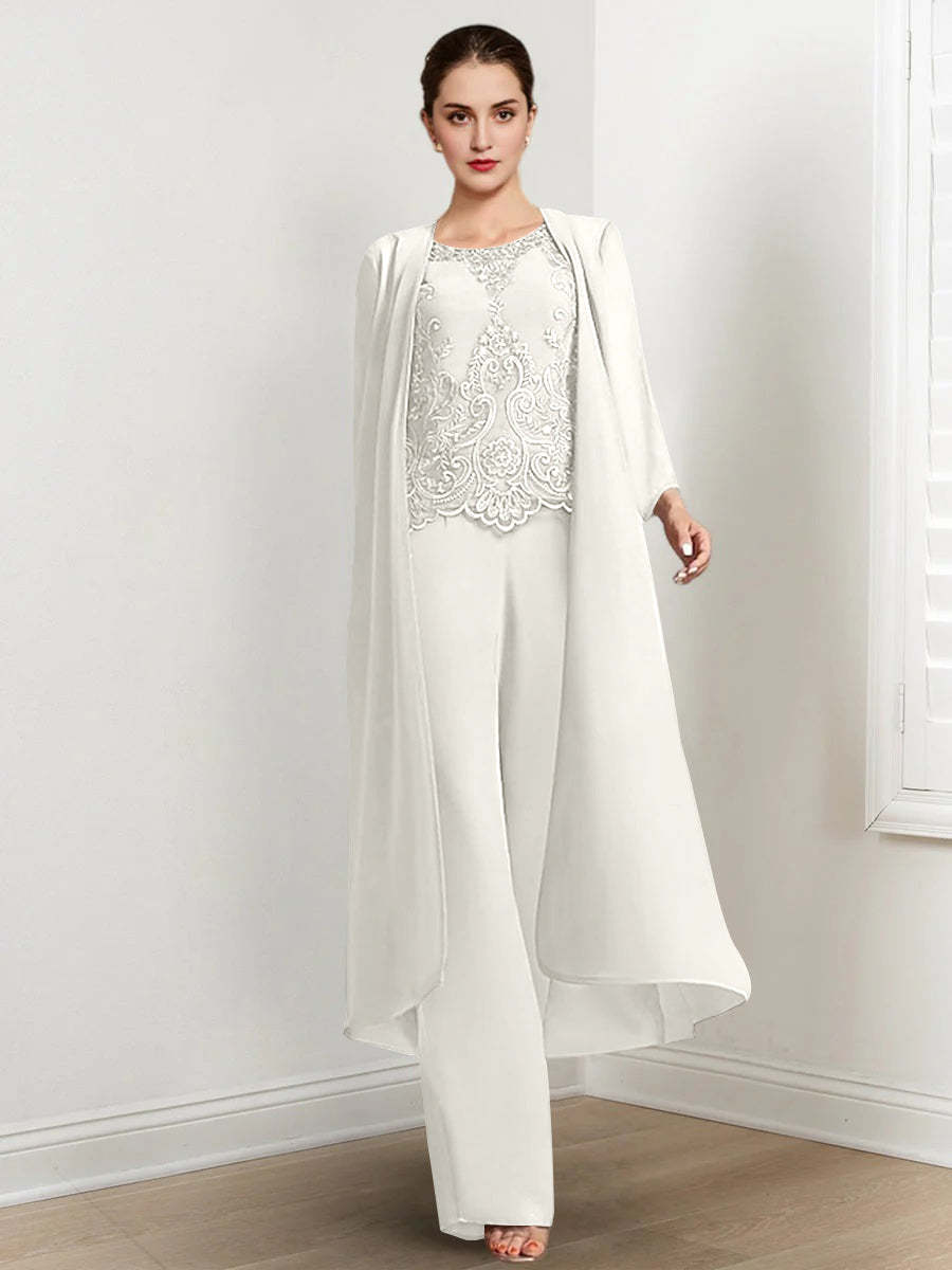 Floor-Length Round Neck Chiffon Pantsuits For The Mother Of The Bride With Jacket And Applique-27prom