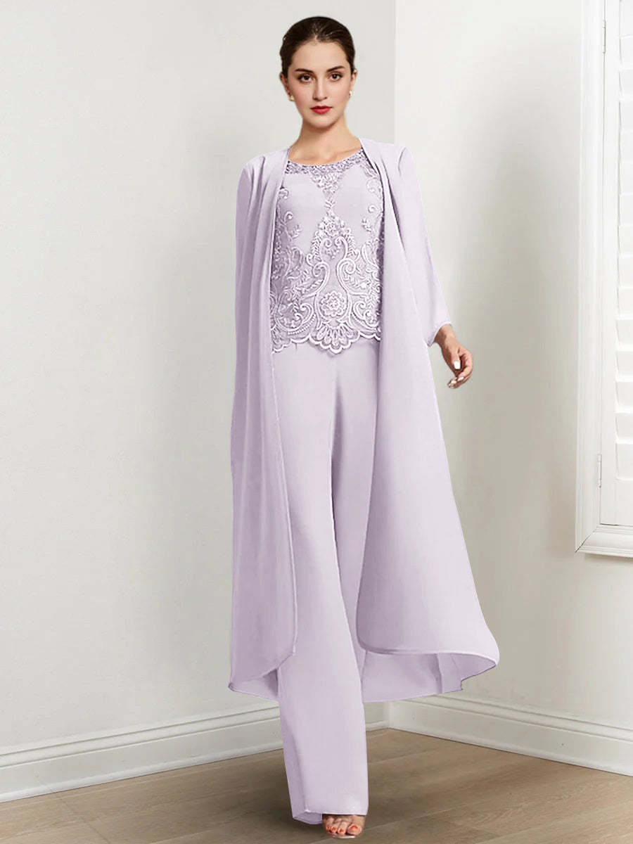 Floor-Length Round Neck Chiffon Pantsuits For The Mother Of The Bride With Jacket And Applique-27prom