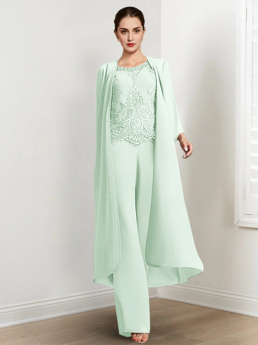 Floor-Length Round Neck Chiffon Pantsuits For The Mother Of The Bride With Jacket And Applique-27prom