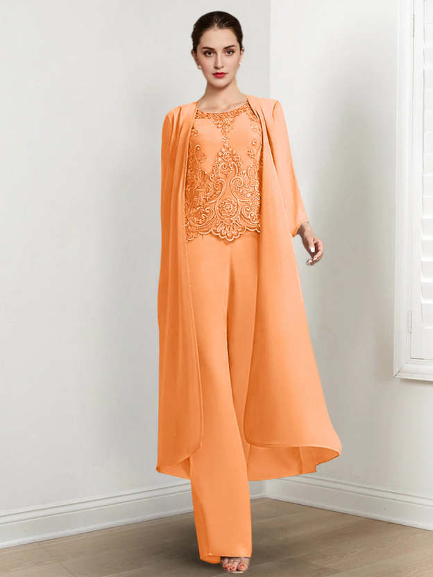 Floor-Length Round Neck Chiffon Pantsuits For The Mother Of The Bride With Jacket And Applique-27prom