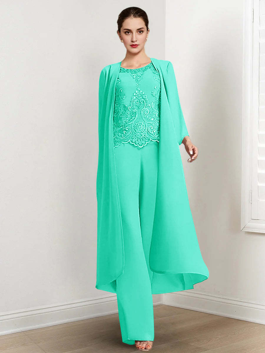 Floor-Length Round Neck Chiffon Pantsuits For The Mother Of The Bride With Jacket And Applique-27prom