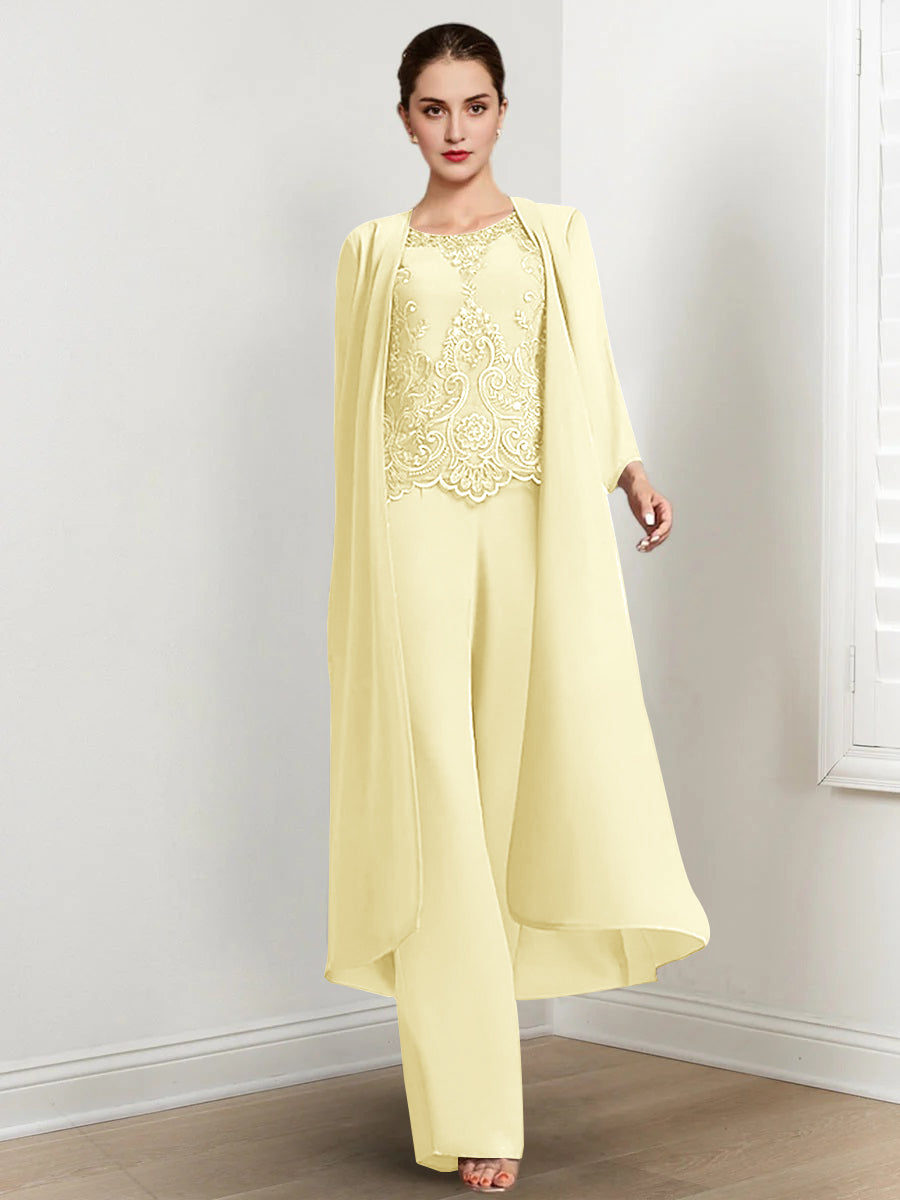 Floor-Length Round Neck Chiffon Pantsuits For The Mother Of The Bride With Jacket And Applique-27prom