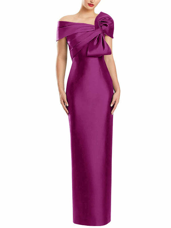 One-Shoulder Floor-Length Mother of the Bride Gown with Bow in Sheath/Column Style-27prom