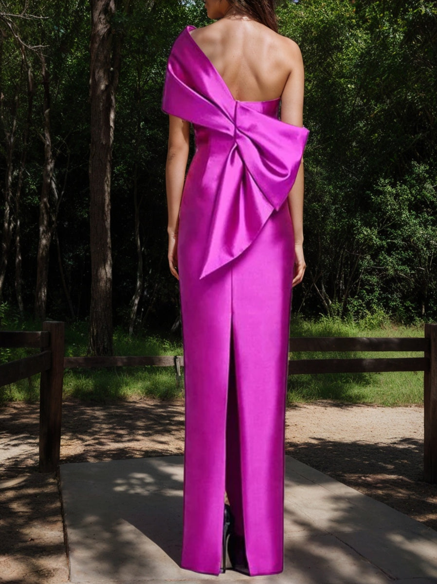 One-Shoulder Sleeveless Floor-Length Sheath/Column Mother of the Bride Dress with Bowknot-27prom