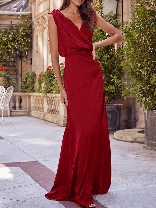 V-Neck Sleeveless Floor-Length A-Line Princess Gown for the Mother of the Bride with Ruched Details-27prom