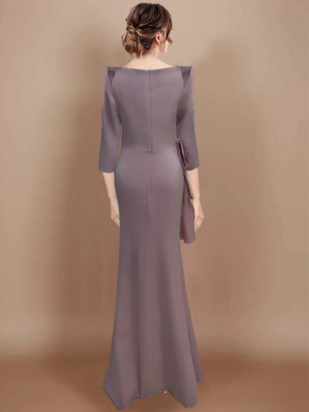 Floor-Length Mother of the Bride Dress with Bow and 3/4 Sleeves in Sheath/Column Style-27prom