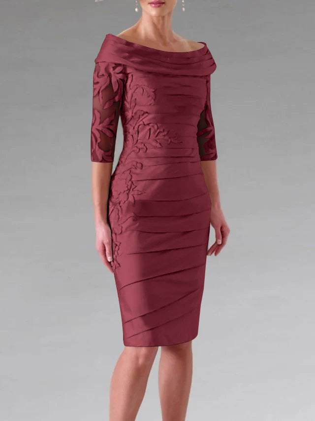 Half-Sleeve Knee-Length Sheath/Column Mother of the Bride Dress with Ruching and Appliques-27prom