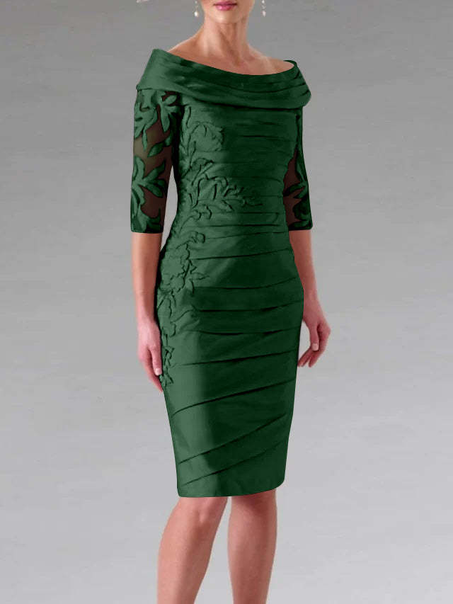Half-Sleeve Knee-Length Sheath/Column Mother of the Bride Dress with Ruching and Appliques-27prom