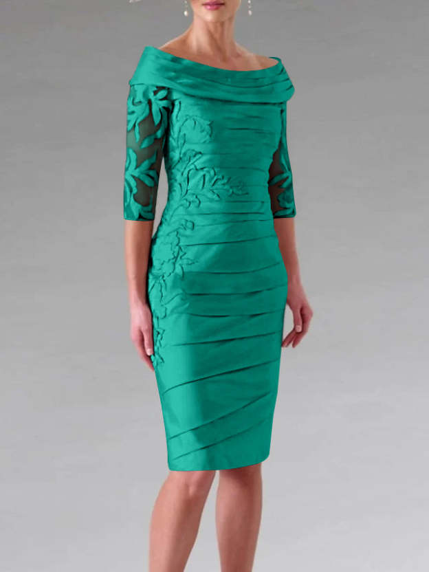 Half-Sleeve Knee-Length Sheath/Column Mother of the Bride Dress with Ruching and Appliques-27prom