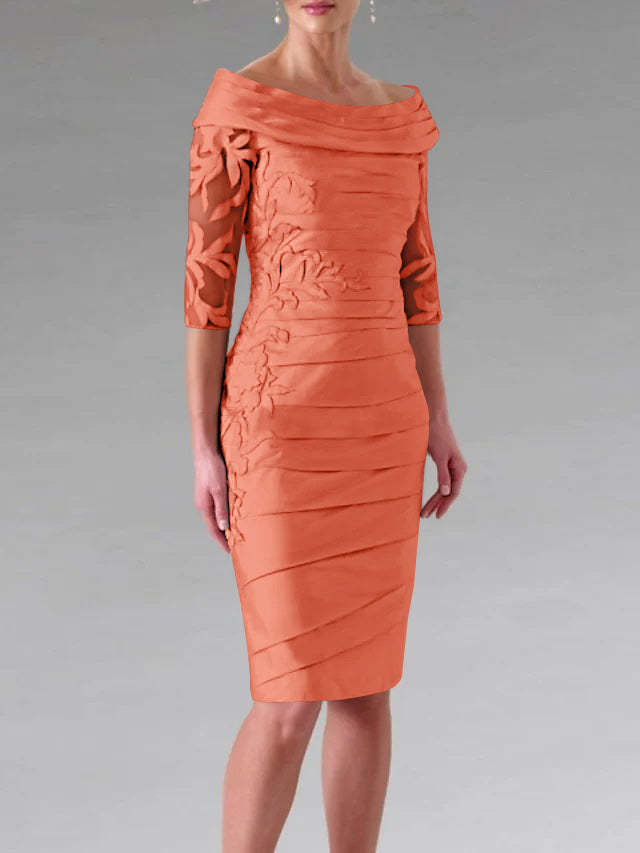 Half-Sleeve Knee-Length Sheath/Column Mother of the Bride Dress with Ruching and Appliques-27prom