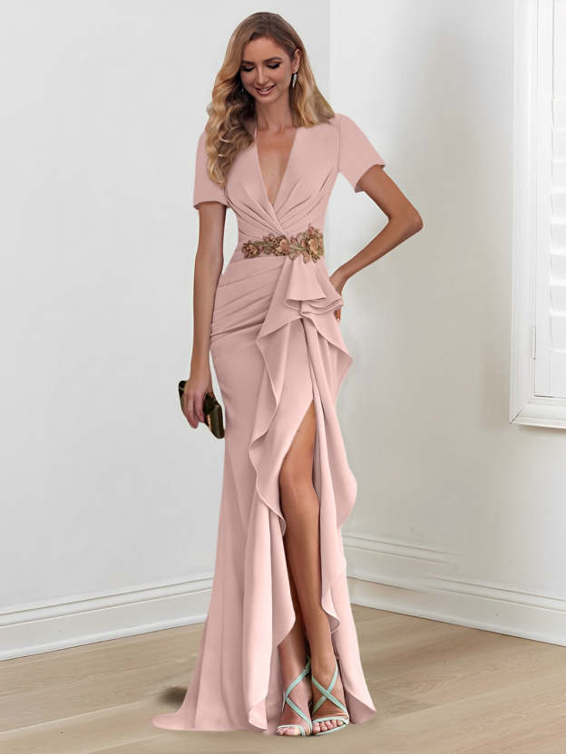 V-Neck Floor-Length Mermaid/Trumpet Mother of the Bride Dresses with Ruffles-27prom