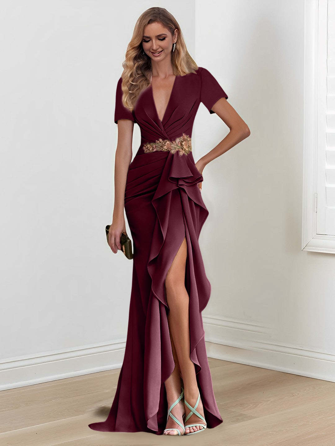 V-Neck Floor-Length Mermaid/Trumpet Mother of the Bride Dresses with Ruffles-27prom