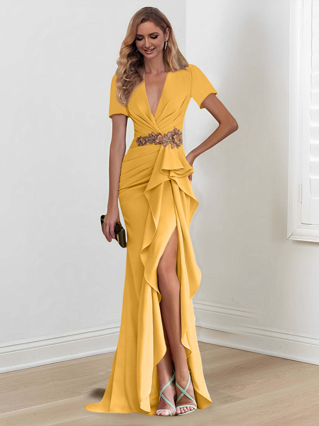 V-Neck Floor-Length Mermaid/Trumpet Mother of the Bride Dresses with Ruffles-27prom