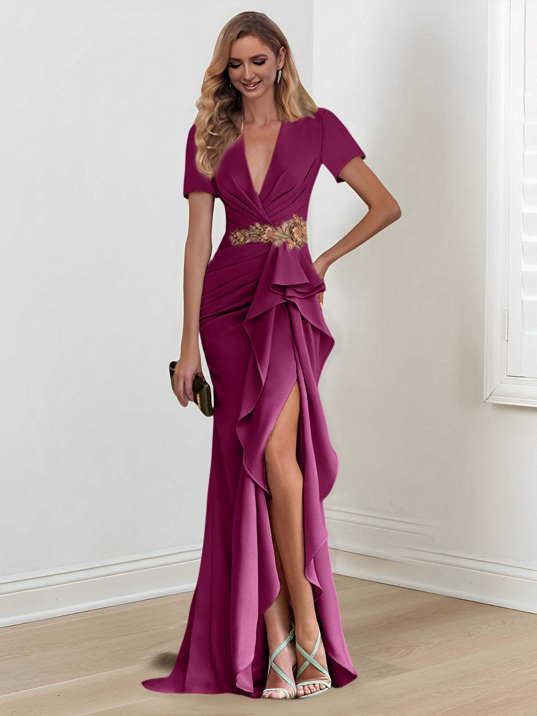 V-Neck Floor-Length Mermaid/Trumpet Mother of the Bride Dresses with Ruffles-27prom