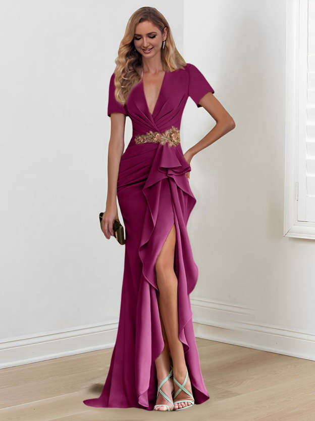 V-Neck Floor-Length Mermaid/Trumpet Mother of the Bride Dresses with Ruffles-27prom