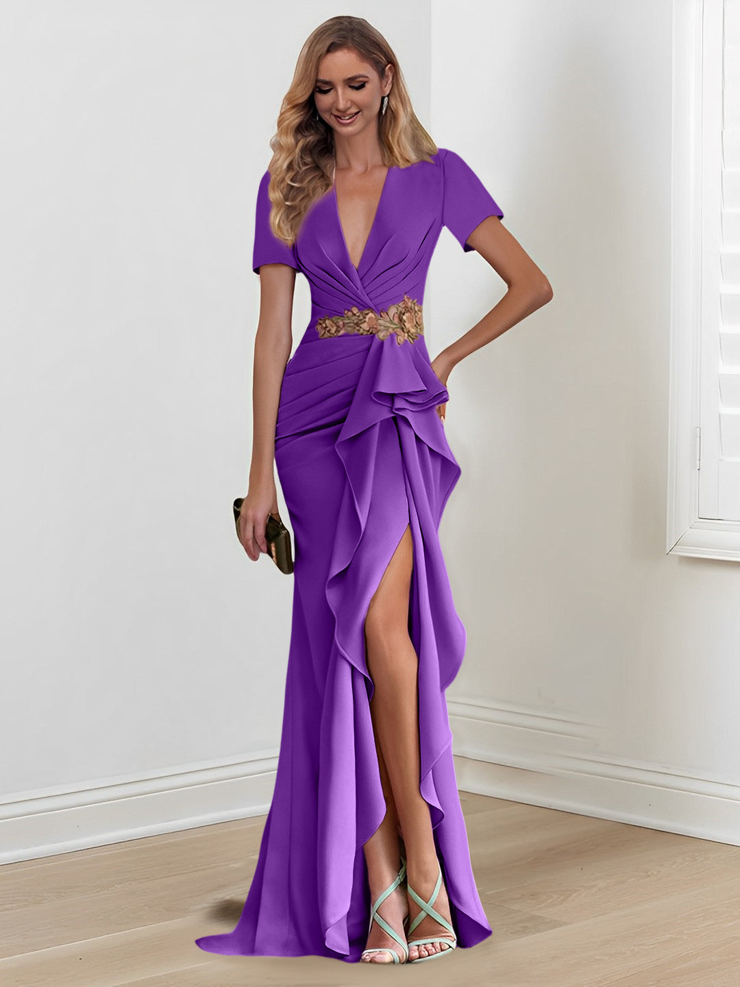 V-Neck Floor-Length Mermaid/Trumpet Mother of the Bride Dresses with Ruffles-27prom