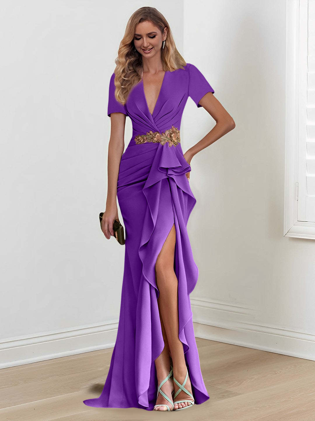V-Neck Floor-Length Mermaid/Trumpet Mother of the Bride Dresses with Ruffles-27prom
