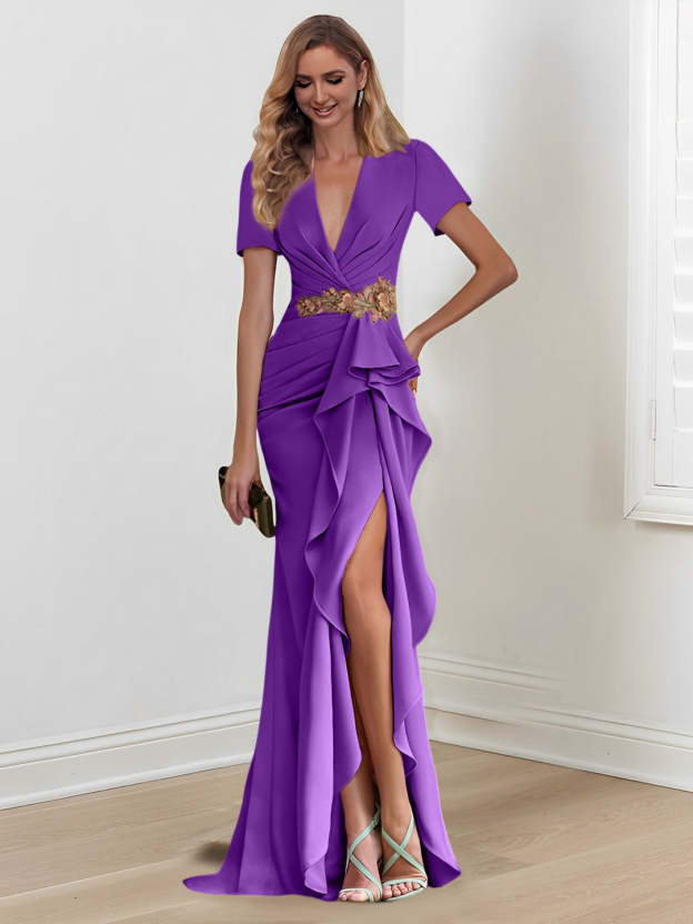 V-Neck Floor-Length Mermaid/Trumpet Mother of the Bride Dresses with Ruffles-27prom