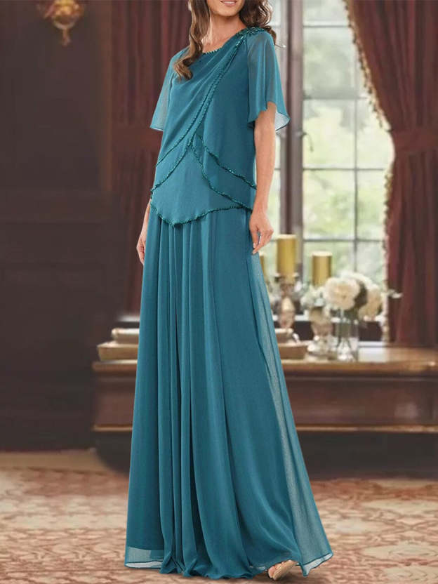 Princess A-Line Floor-Length Mother of the Bride Dress with Jewel Neck Short Sleeves Pleats & Beading-27prom