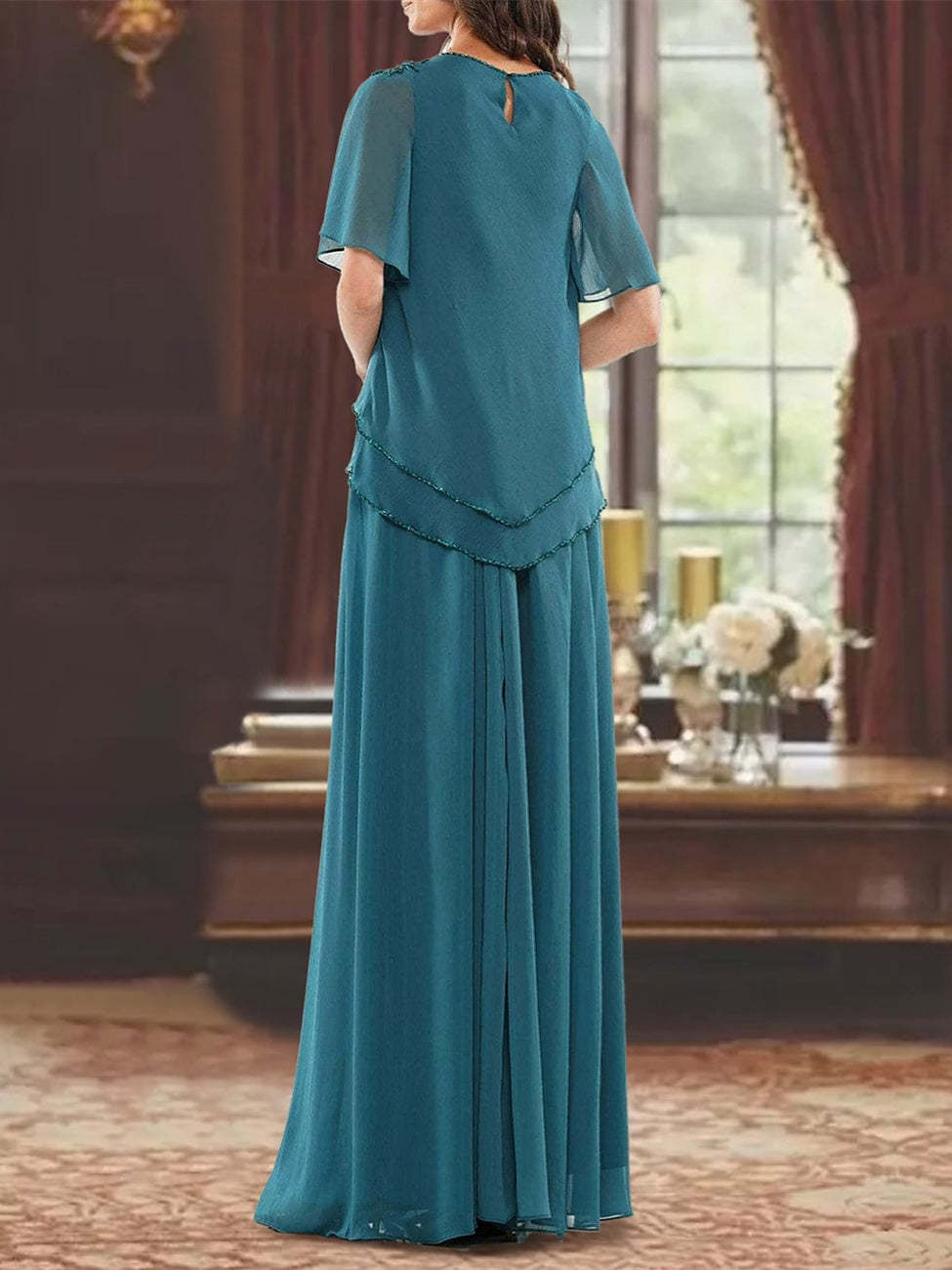 Princess A-Line Floor-Length Mother of the Bride Dress with Jewel Neck Short Sleeves Pleats & Beading-27prom
