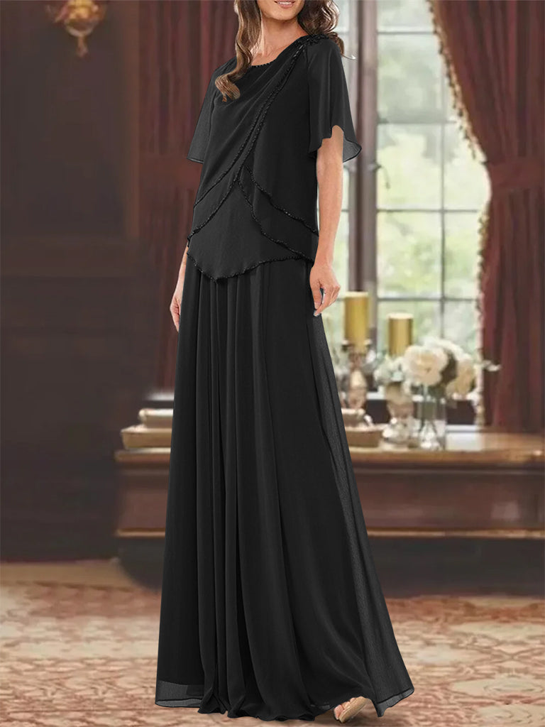 Princess A-Line Floor-Length Mother of the Bride Dress with Jewel Neck Short Sleeves Pleats & Beading-27prom