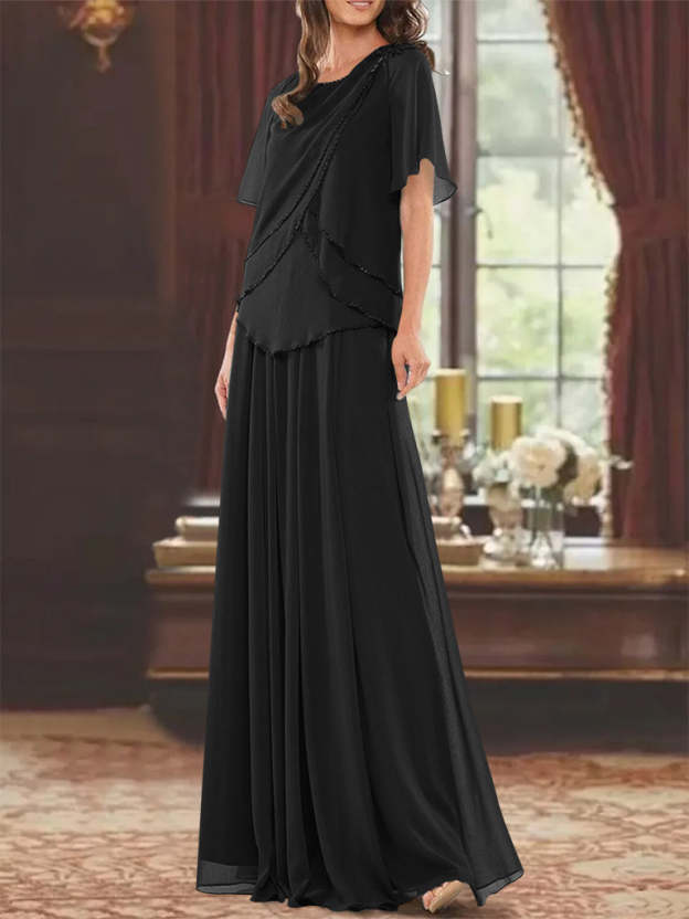 Princess A-Line Floor-Length Mother of the Bride Dress with Jewel Neck Short Sleeves Pleats & Beading-27prom