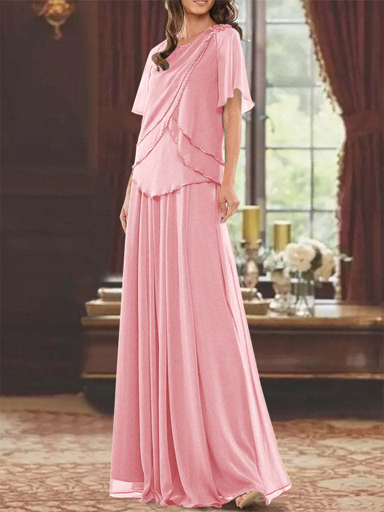 Princess A-Line Floor-Length Mother of the Bride Dress with Jewel Neck Short Sleeves Pleats & Beading-27prom