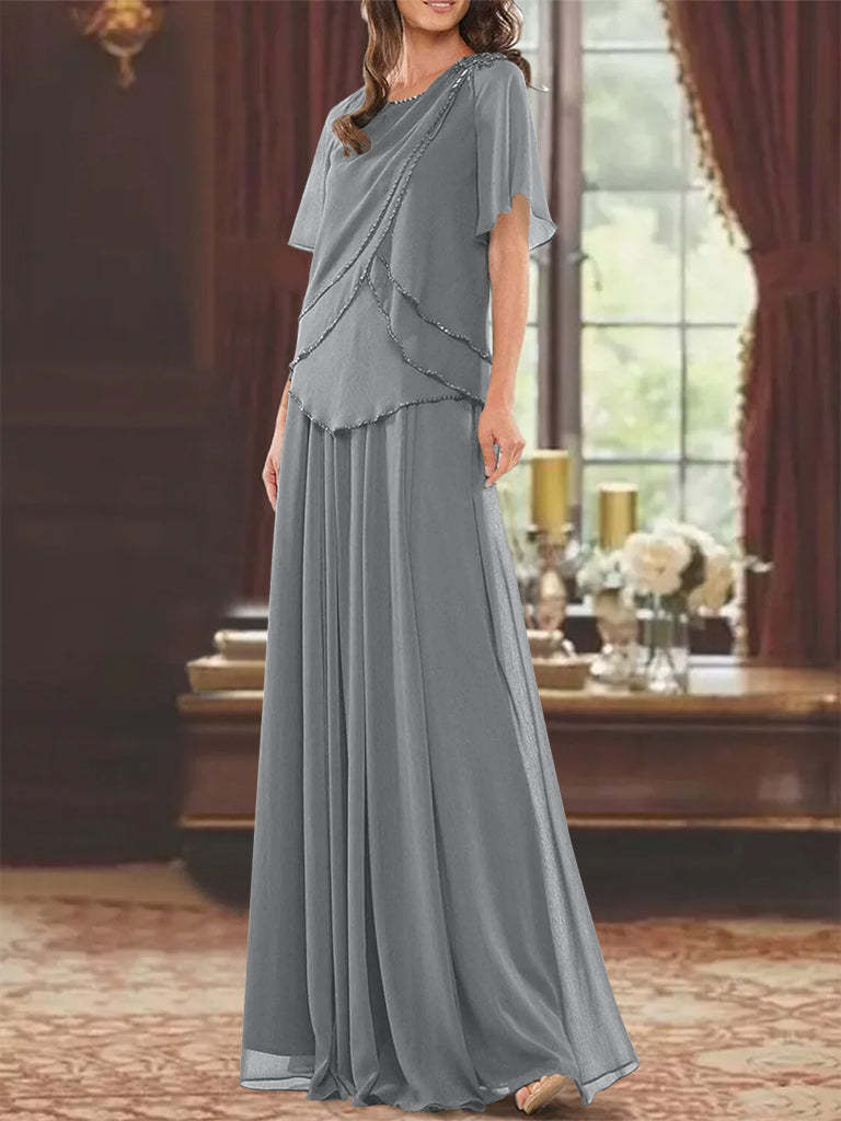 Princess A-Line Floor-Length Mother of the Bride Dress with Jewel Neck Short Sleeves Pleats & Beading-27prom