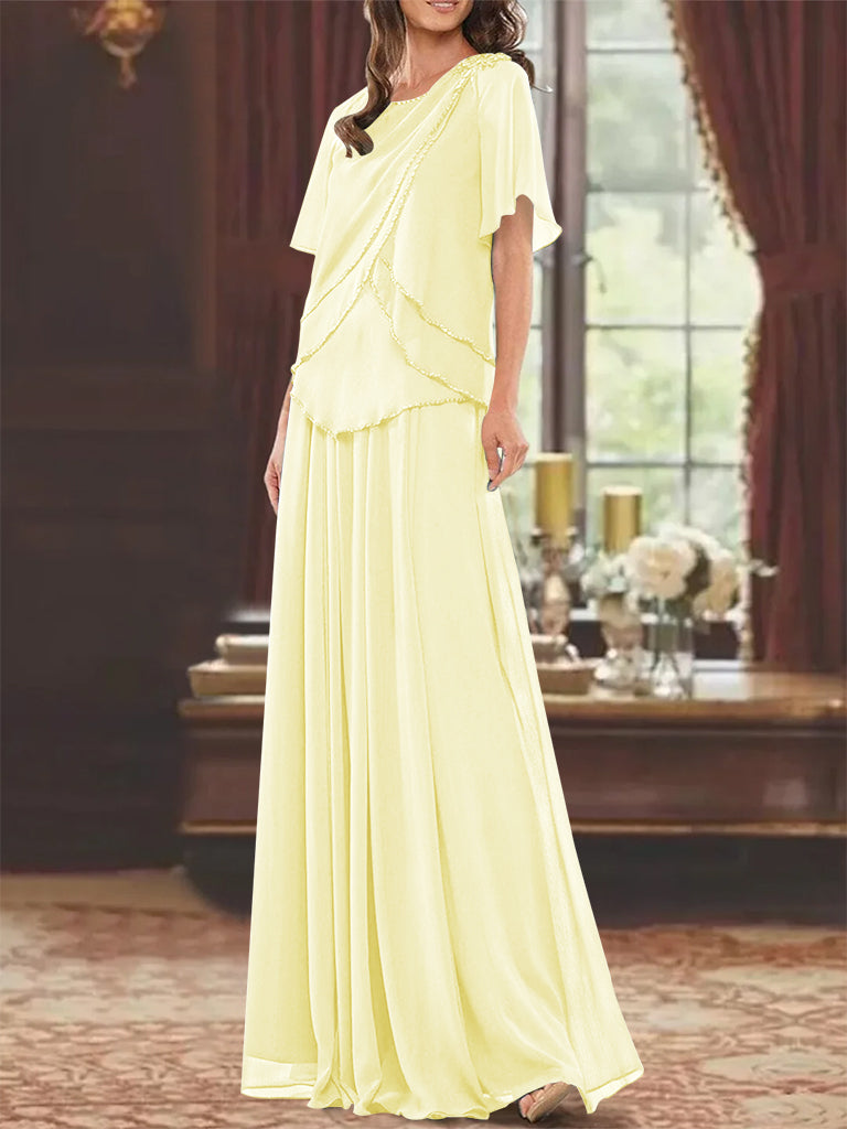 Princess A-Line Floor-Length Mother of the Bride Dress with Jewel Neck Short Sleeves Pleats & Beading-27prom