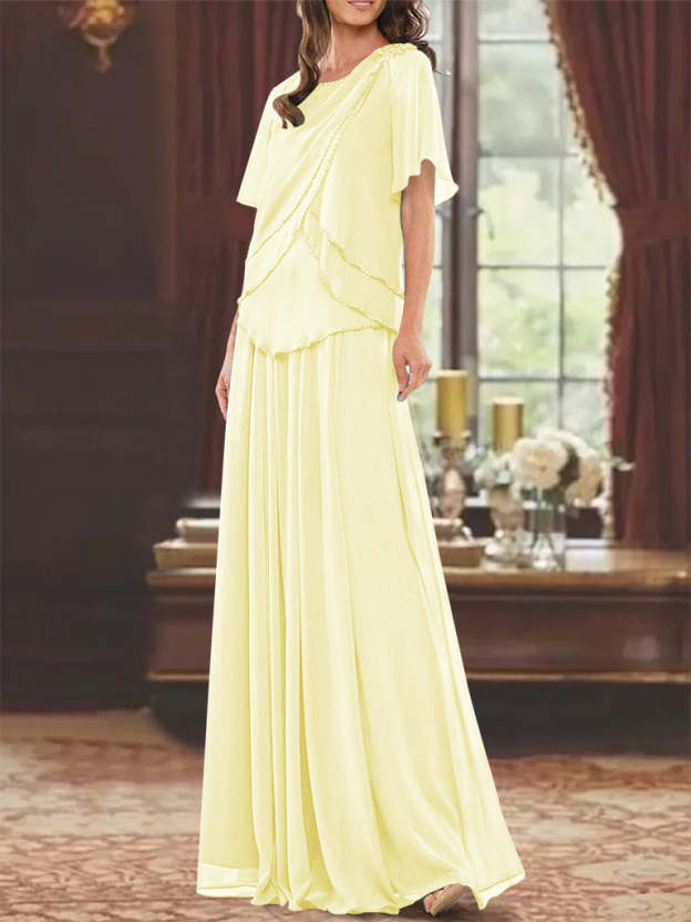 Princess A-Line Floor-Length Mother of the Bride Dress with Jewel Neck Short Sleeves Pleats & Beading-27prom