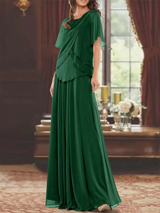 Princess A-Line Floor-Length Mother of the Bride Dress with Jewel Neck Short Sleeves Pleats & Beading-27prom