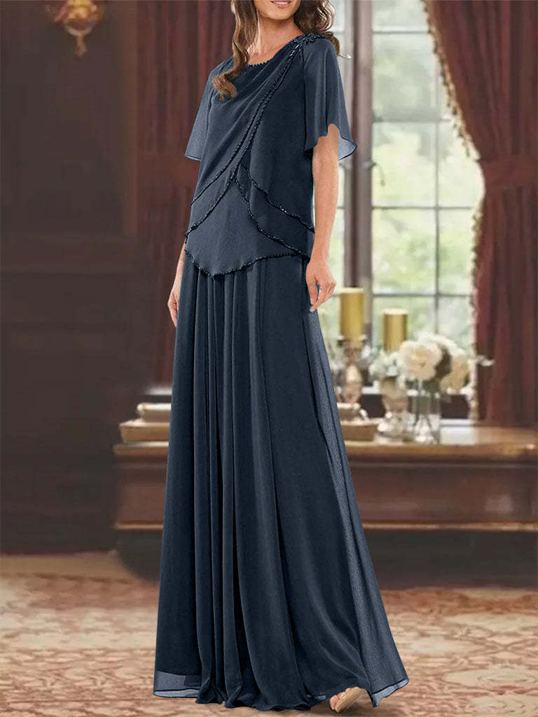 Princess A-Line Floor-Length Mother of the Bride Dress with Jewel Neck Short Sleeves Pleats & Beading-27prom