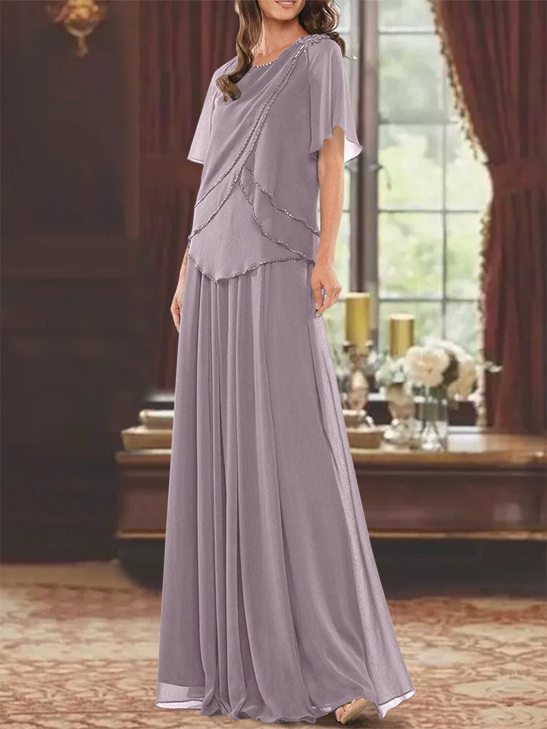 Princess A-Line Floor-Length Mother of the Bride Dress with Jewel Neck Short Sleeves Pleats & Beading-27prom