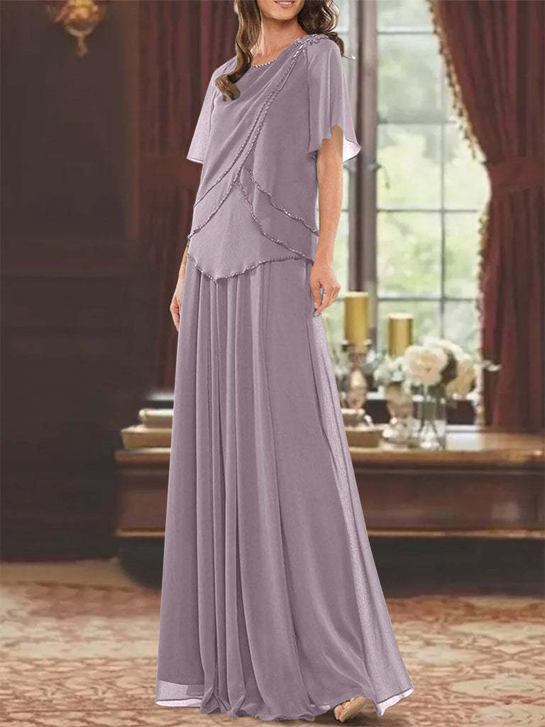 Princess A-Line Floor-Length Mother of the Bride Dress with Jewel Neck Short Sleeves Pleats & Beading-27prom